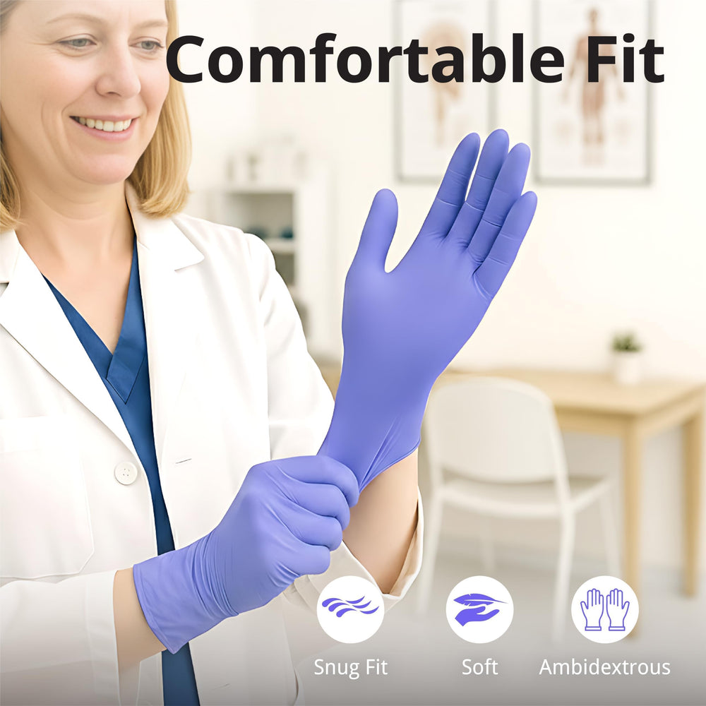 SwiftGrip latex-free violet nitrile gloves, durable and puncture-resistant for work.