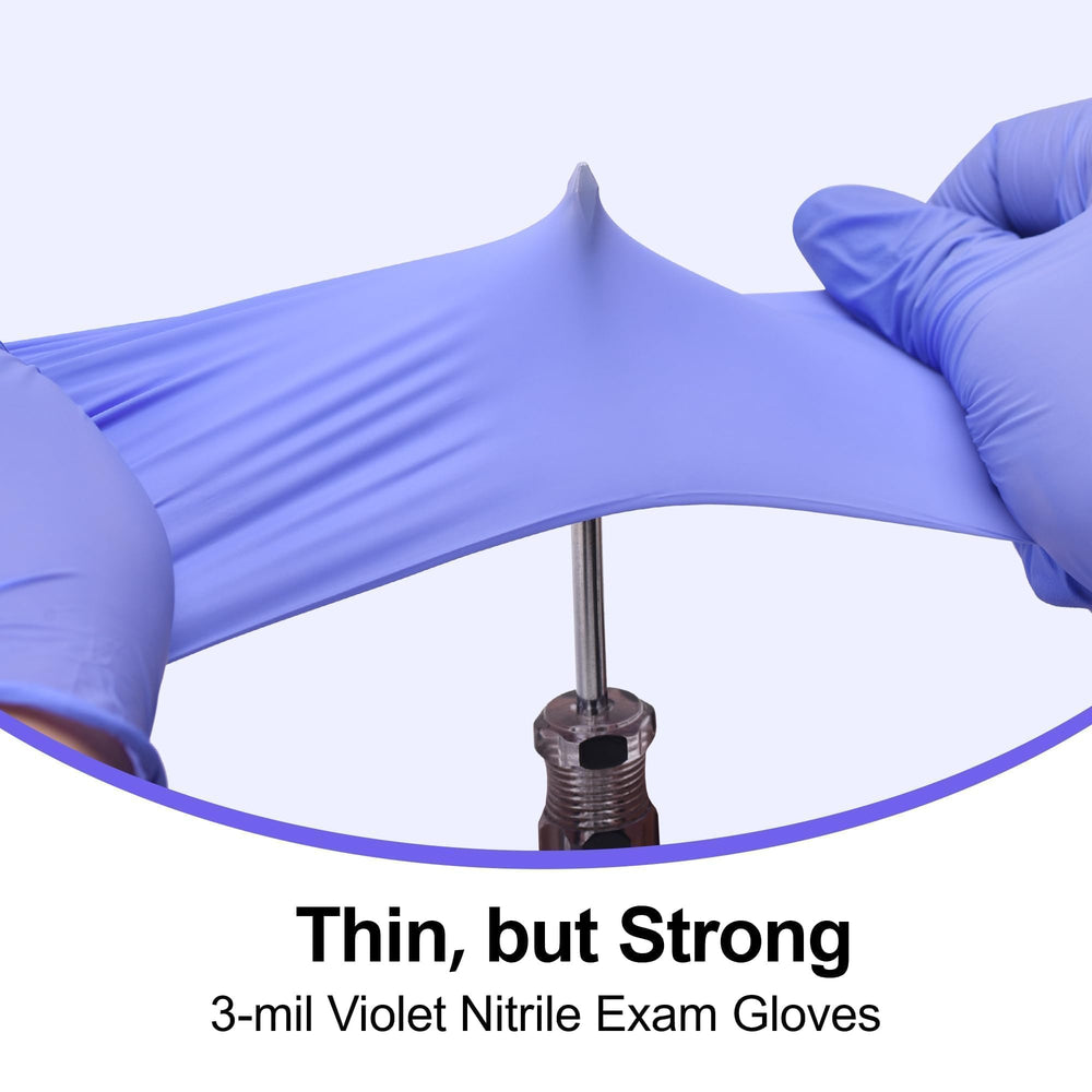 SwiftGrip medical-grade violet nitrile gloves, thin yet robust for sensitive tasks.
