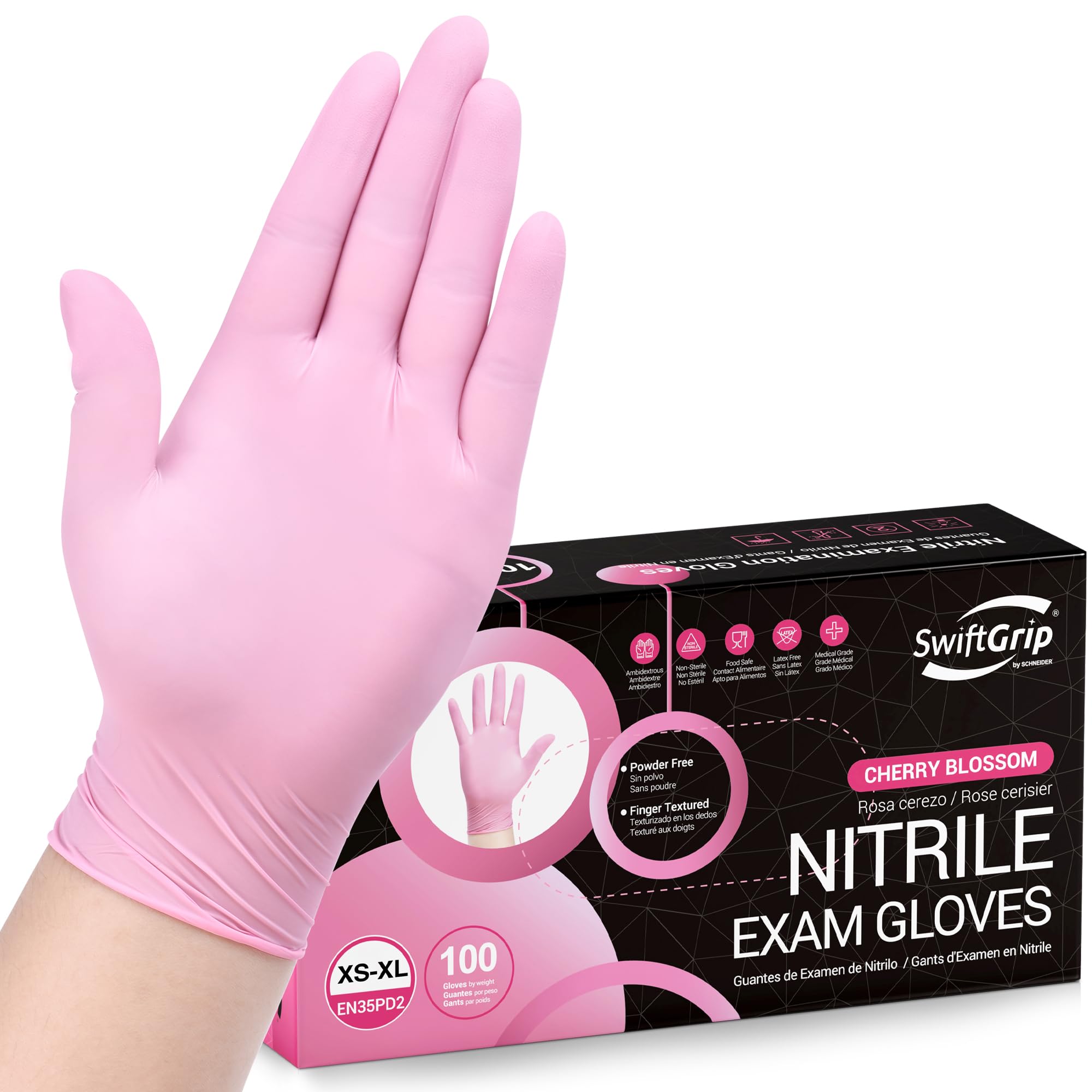 SwiftGrip pink nitrile gloves 3mil box front for lightweight protection during tasks.