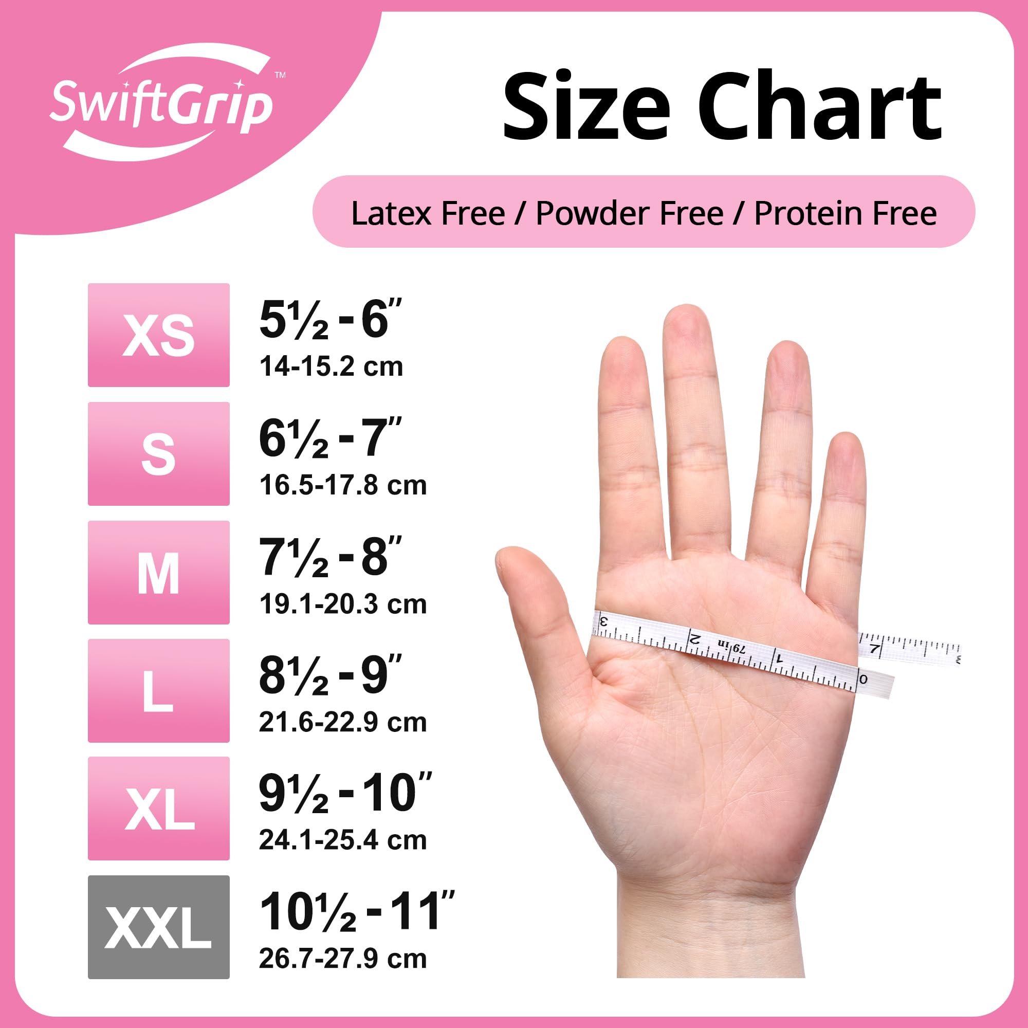 Ambidextrous SwiftGrip pink nitrile gloves design for both hands in busy environments.