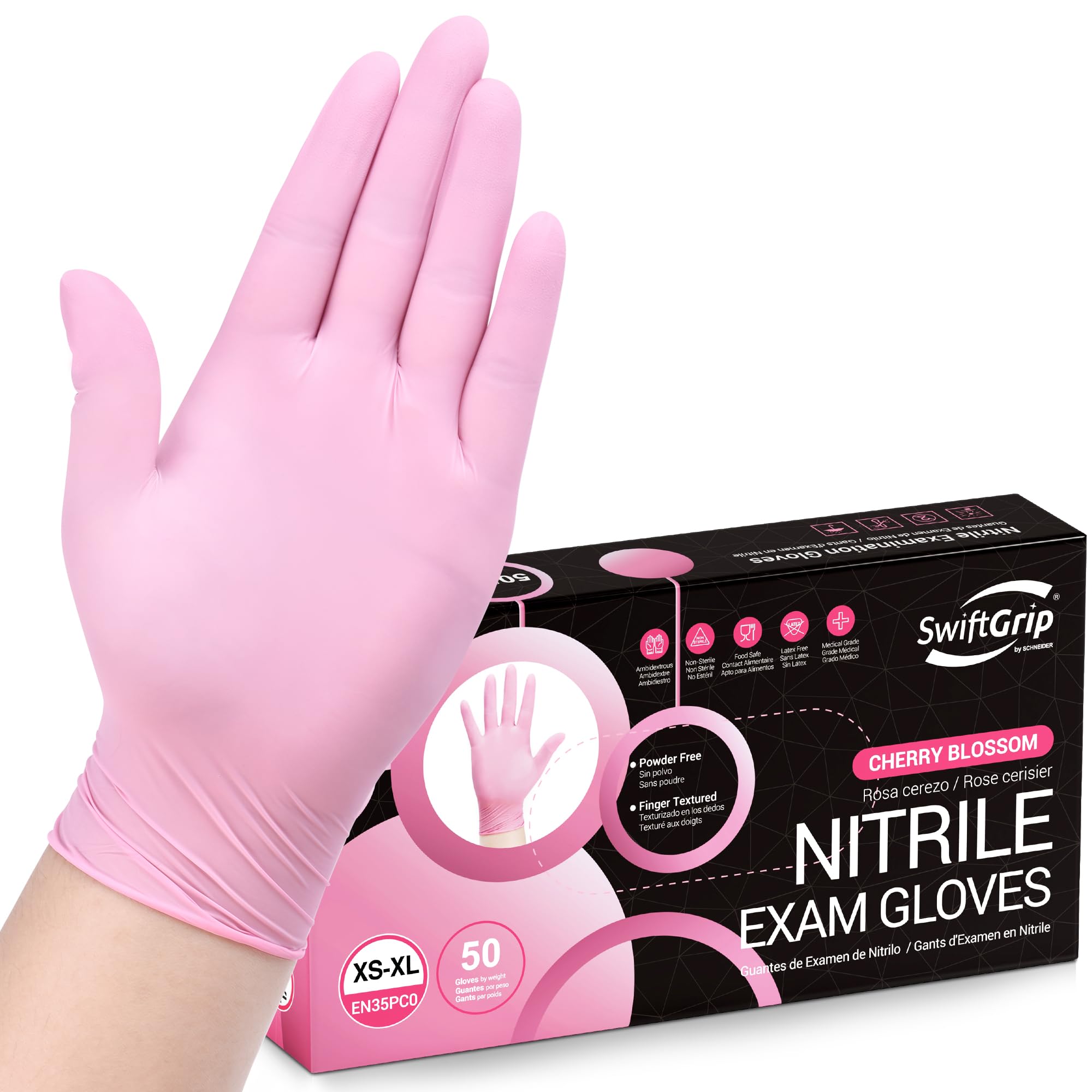SwiftGrip pink nitrile gloves in a box ideal for light-duty tasks.