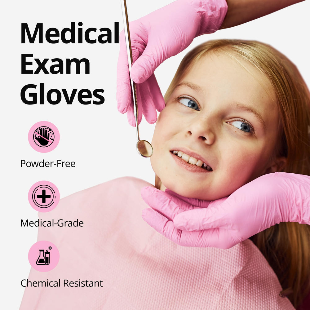 Close-up of SwiftGrip pink nitrile gloves showing stretch and comfort.