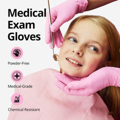 Close-up of SwiftGrip pink nitrile gloves showing stretch and comfort.