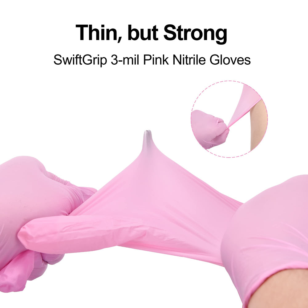 SwiftGrip pink nitrile gloves in epoxy resin work showing comfortable wear.