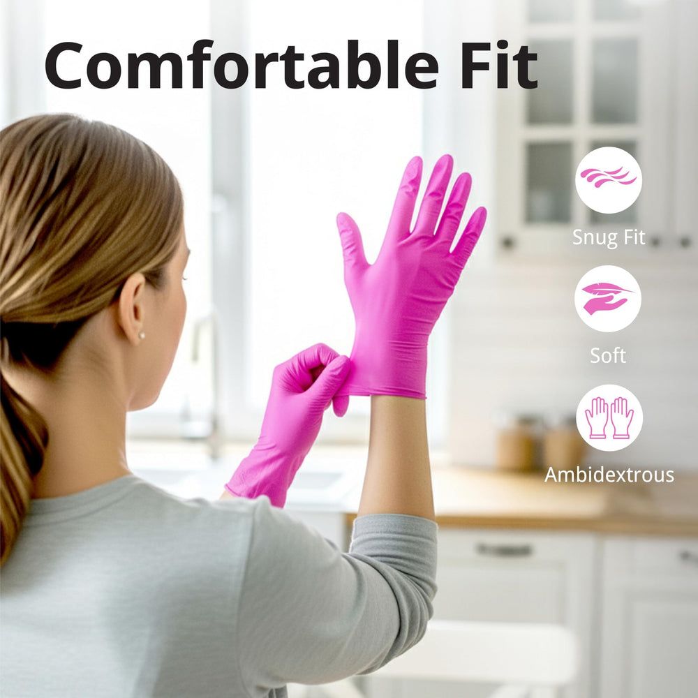 SwiftGrip pink nitrile gloves in kitchen use for clean food prep