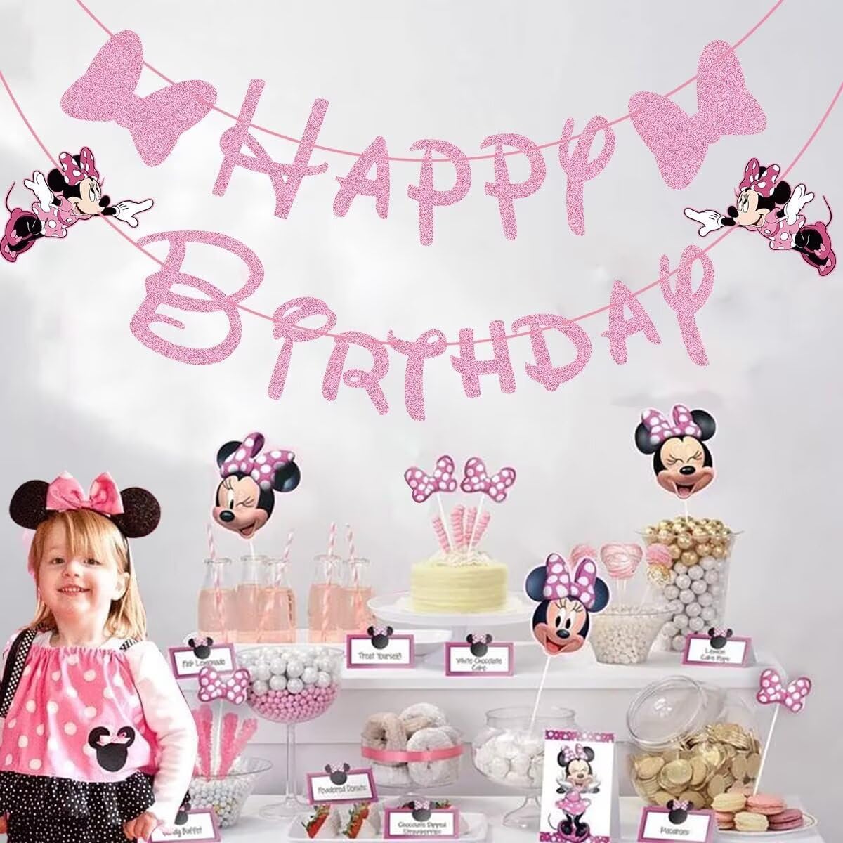 Charming bow design on Swiftion pink mouse banner enhances kid-friendly party aesthetics.