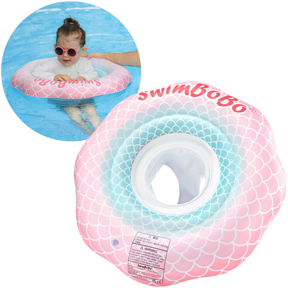 Swimbobo pink mermaid inflatable baby float provides gentle pool support for safe water play.