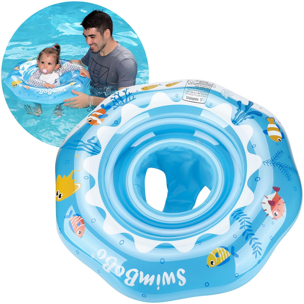 Swimbobo inflatable baby swimming float with safety seat in blue ocean for pool safety.