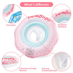 Swimbobo float with two air chambers for buoyancy and quick inflation and deflation.