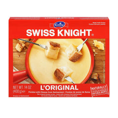 Swiss Knight L’Originale fondue bowl with melted cheese ready for dipping.