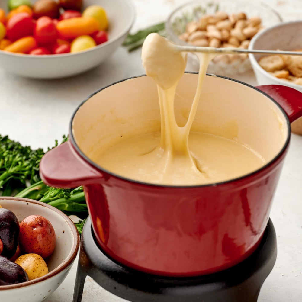 Bread dippers arranged beside the fondue pot for easy entertaining.