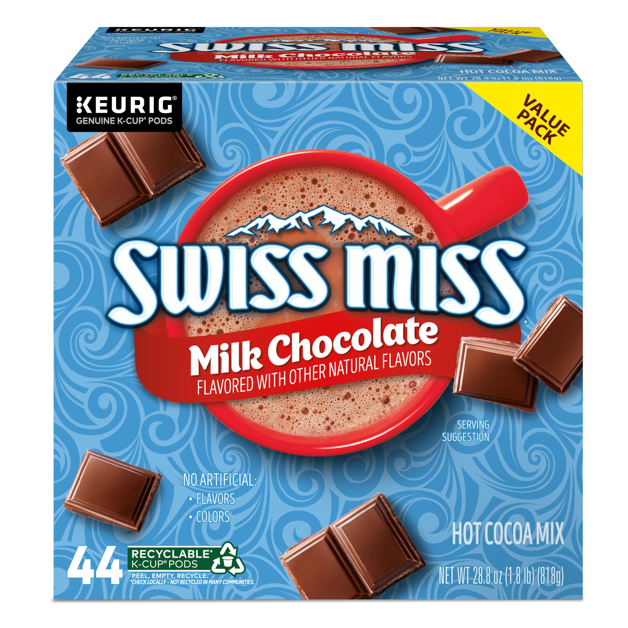 Kitchen shelf stocked with Swiss Miss pods for quick cocoa.
