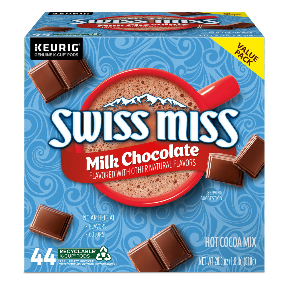 Kitchen shelf stocked with Swiss Miss pods for quick cocoa.