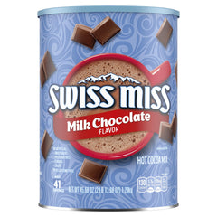 Swiss Miss milk chocolate hot cocoa canister in a six-pack, perfect for cozy mornings.