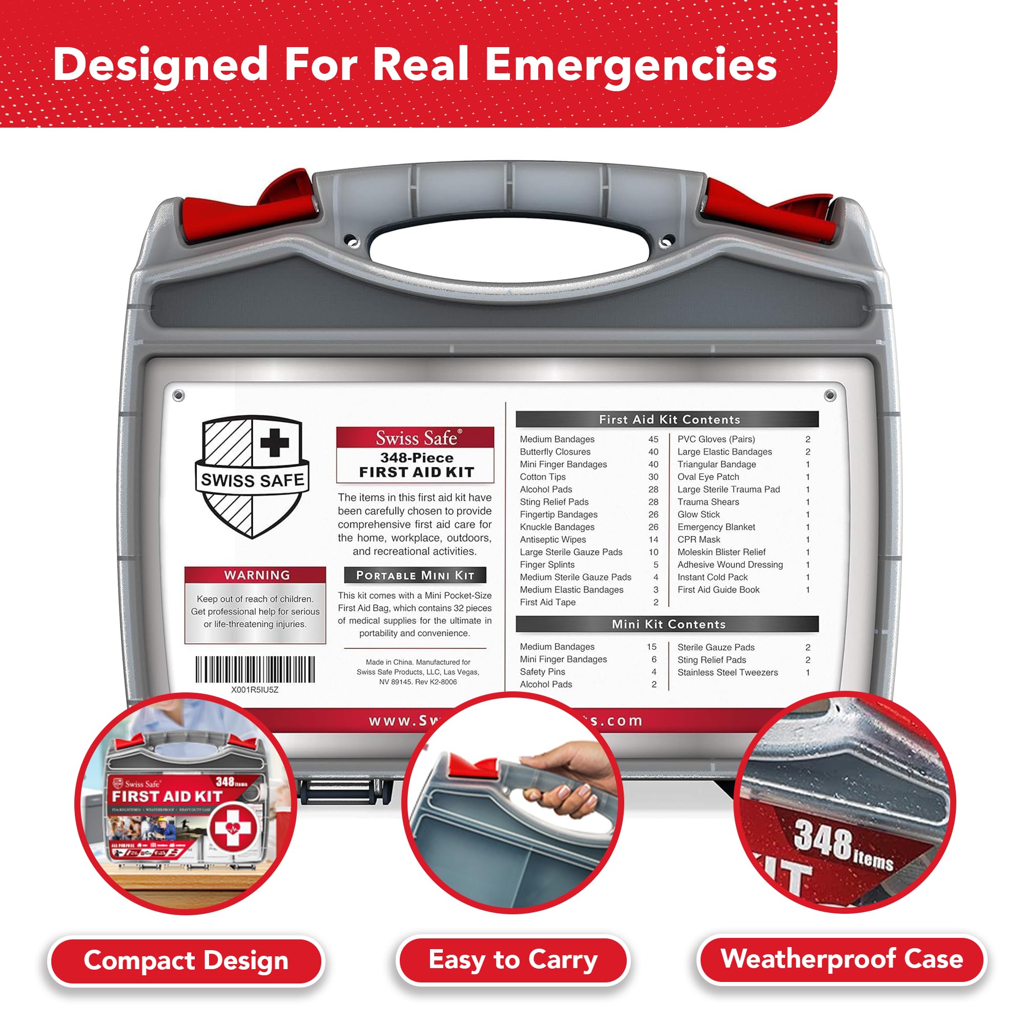 Swiss Safe family travel-ready kit fits bags and cars.