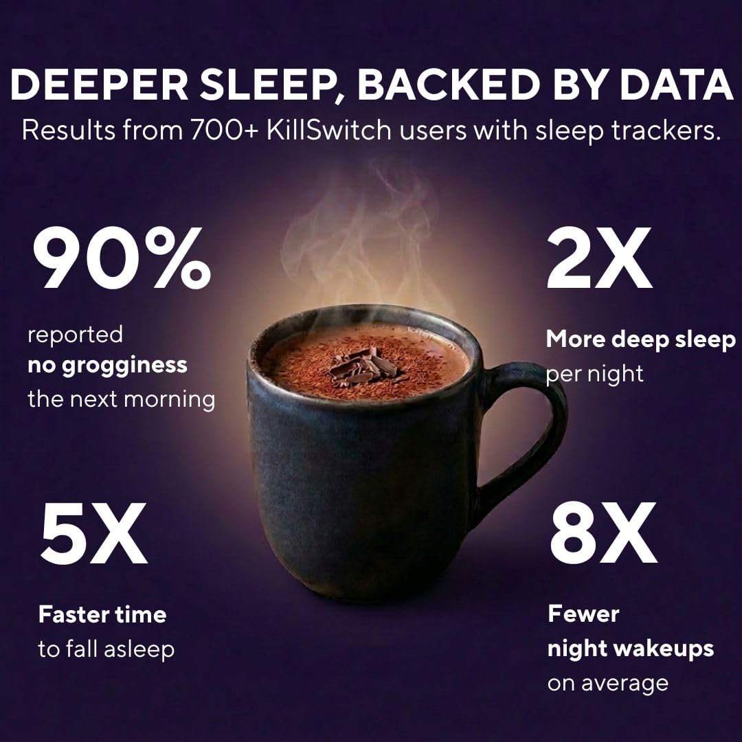 Switch Killswitch sleep aid with measuring scoop showcases sugar-free cocoa ready to mix.