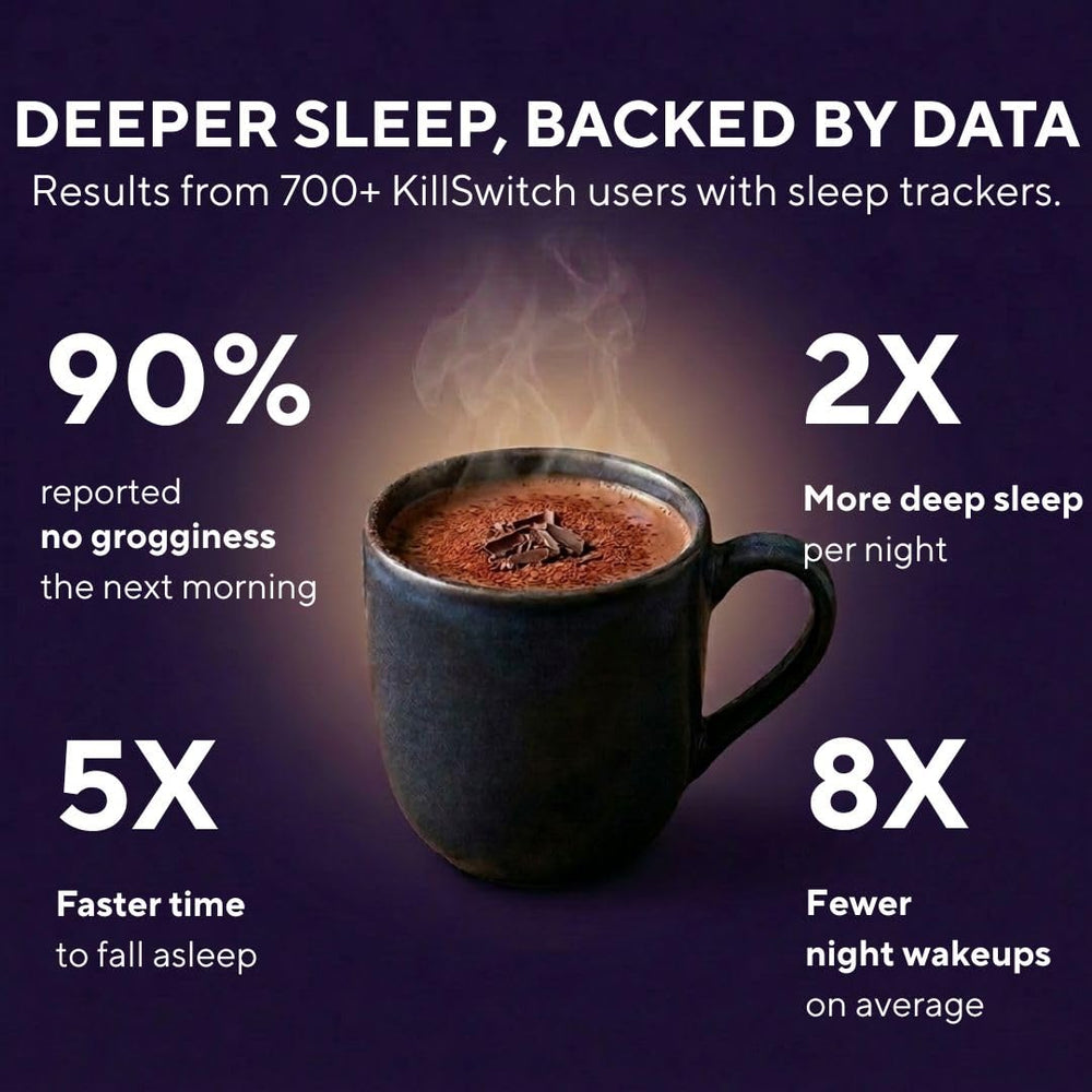 Switch Killswitch sleep aid with measuring scoop showcases sugar-free cocoa ready to mix.