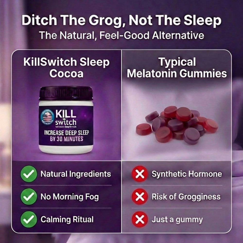 Switch Killswitch magnesium powder bottle shows a simple, no-sugar sleep routine.