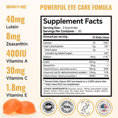 Swiyie Lutein Gummies with blueberry flavor shown beside pills for easy daily use.