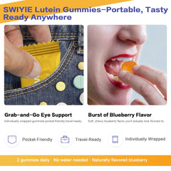 Close-up of Swiyie Lutein Gummies highlights soft texture and blueberry flavor.
