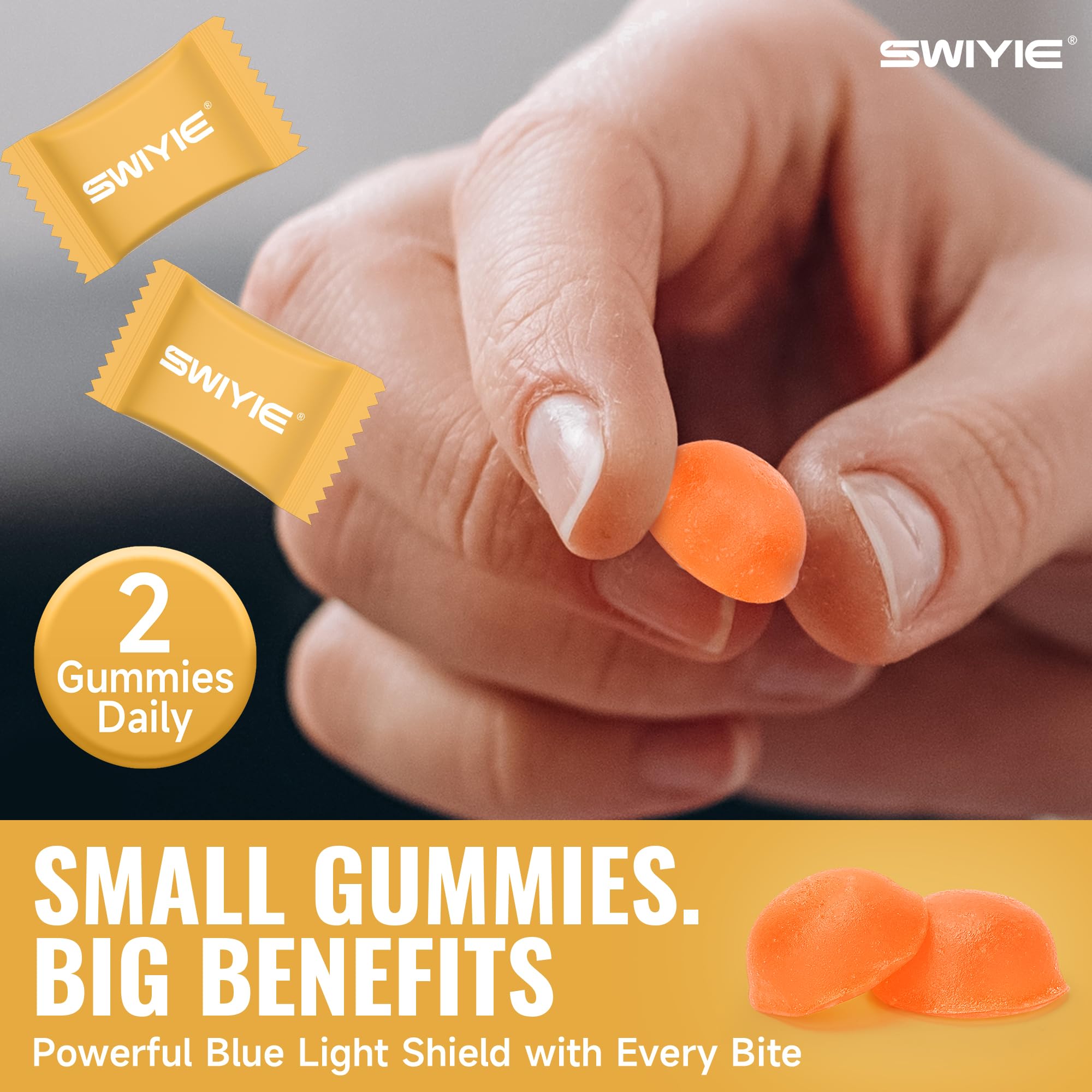 Two Swiyie Lutein Gummies sit on a surface as a simple daily ritual.