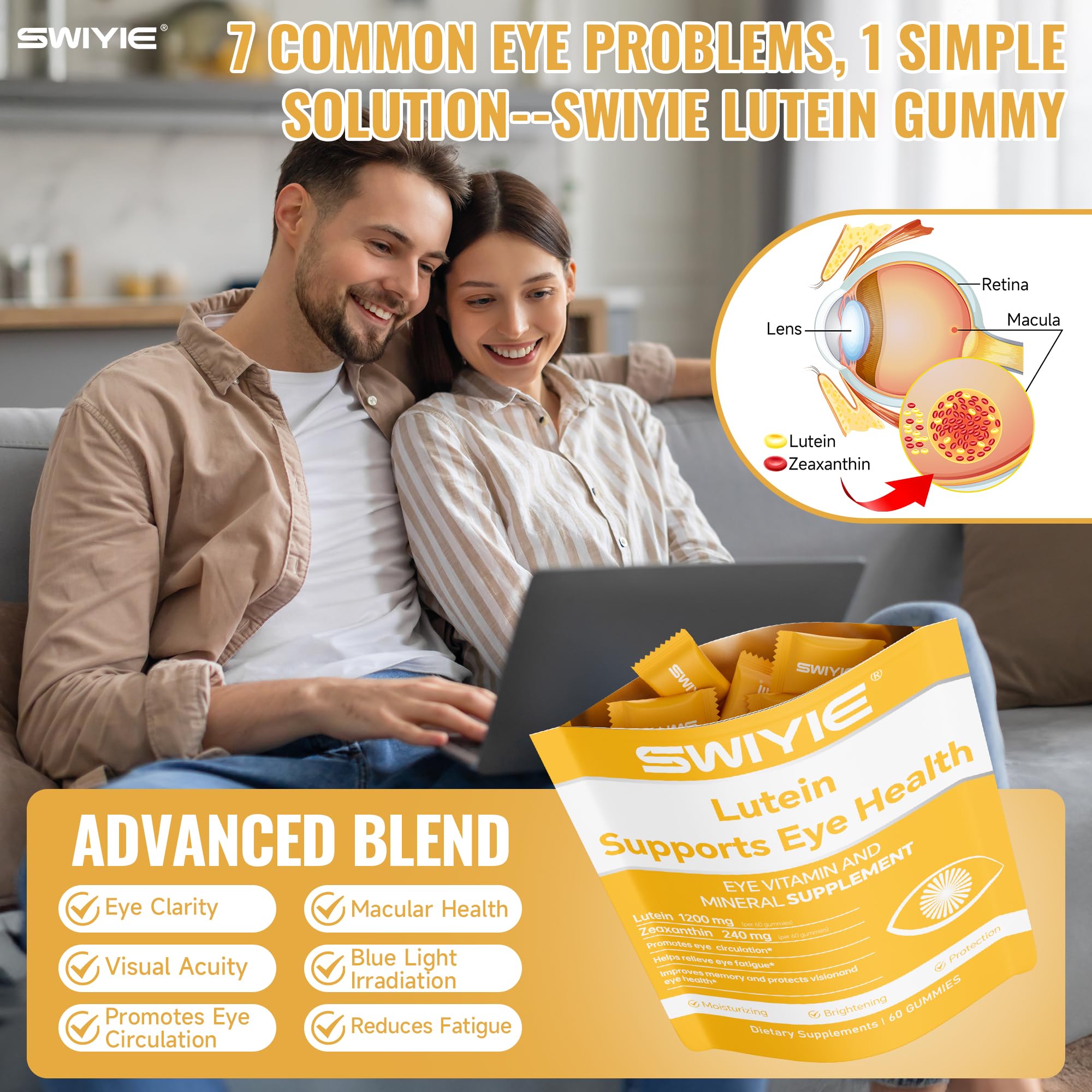 Swiyie Lutein Gummies with digital devices in background suggest screen-time comfort.