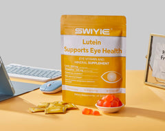 Swiyie Lutein Gummies label close-up shows lutein and zeaxanthin content clearly.