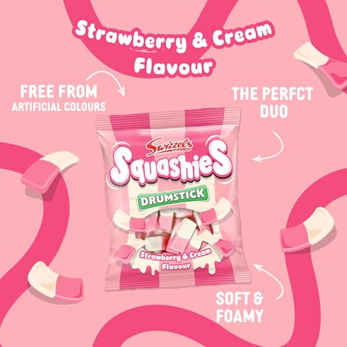 Swizzels Squashies Strawberry & Cream resealable bag keeps treats fresh longer.