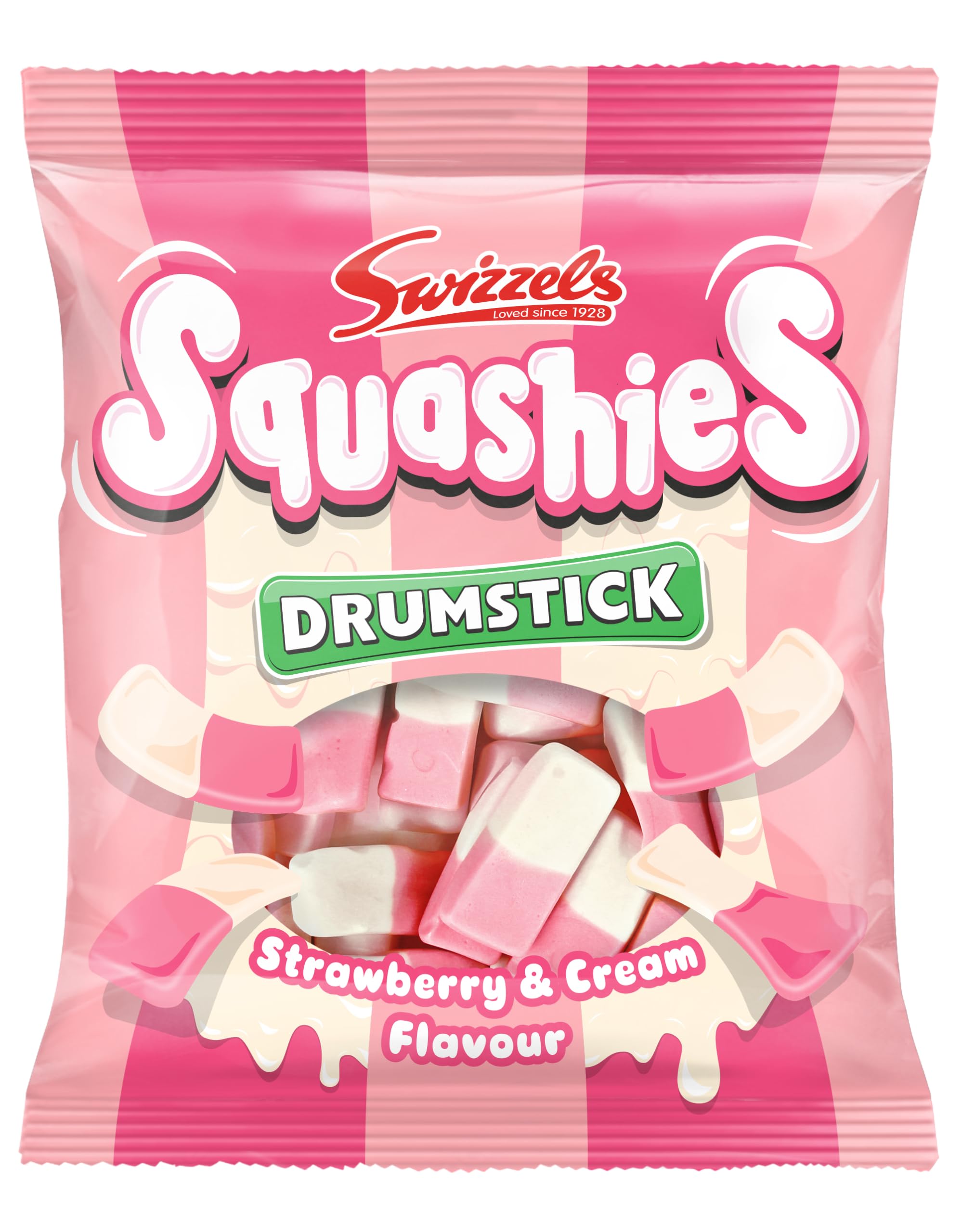 Swizzels Squashies Strawberry & Cream candies in pink and white, ideal for sharing at parties.