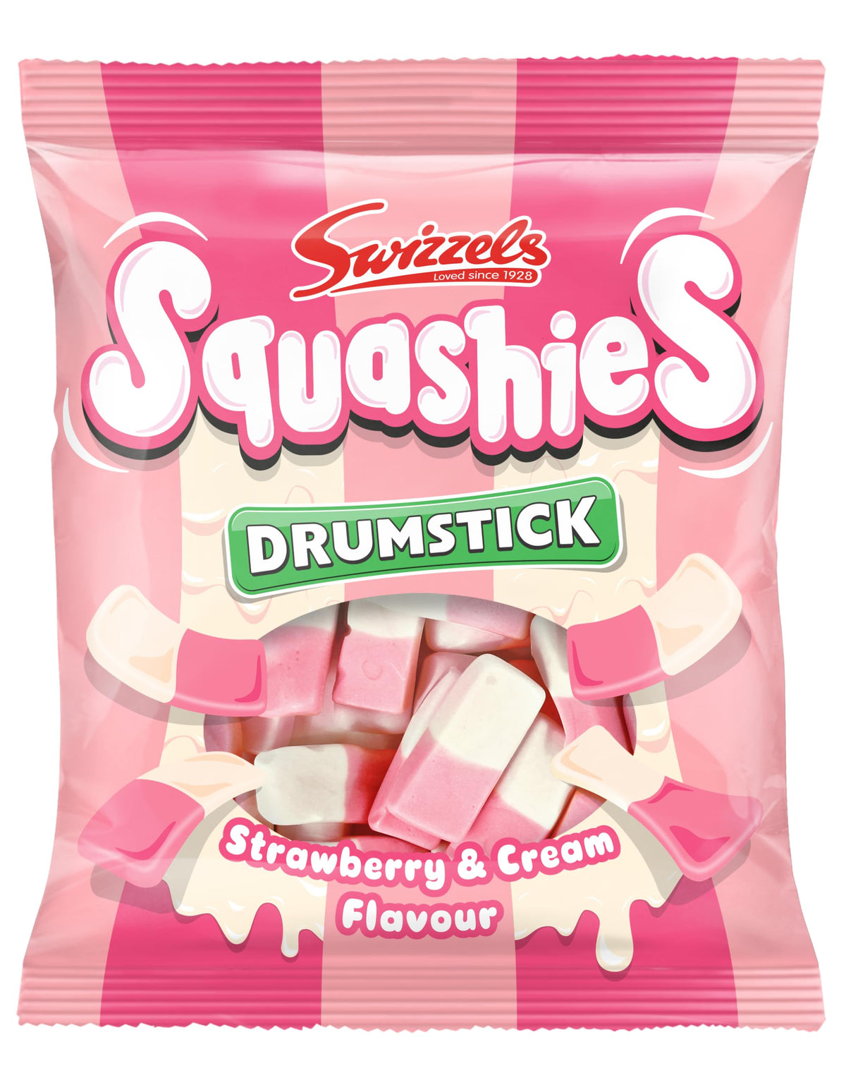 Swizzels Squashies Strawberry & Cream candies in pink and white, ideal for sharing at parties.
