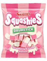 Swizzels Squashies Strawberry & Cream candies in pink and white, ideal for sharing at parties.
