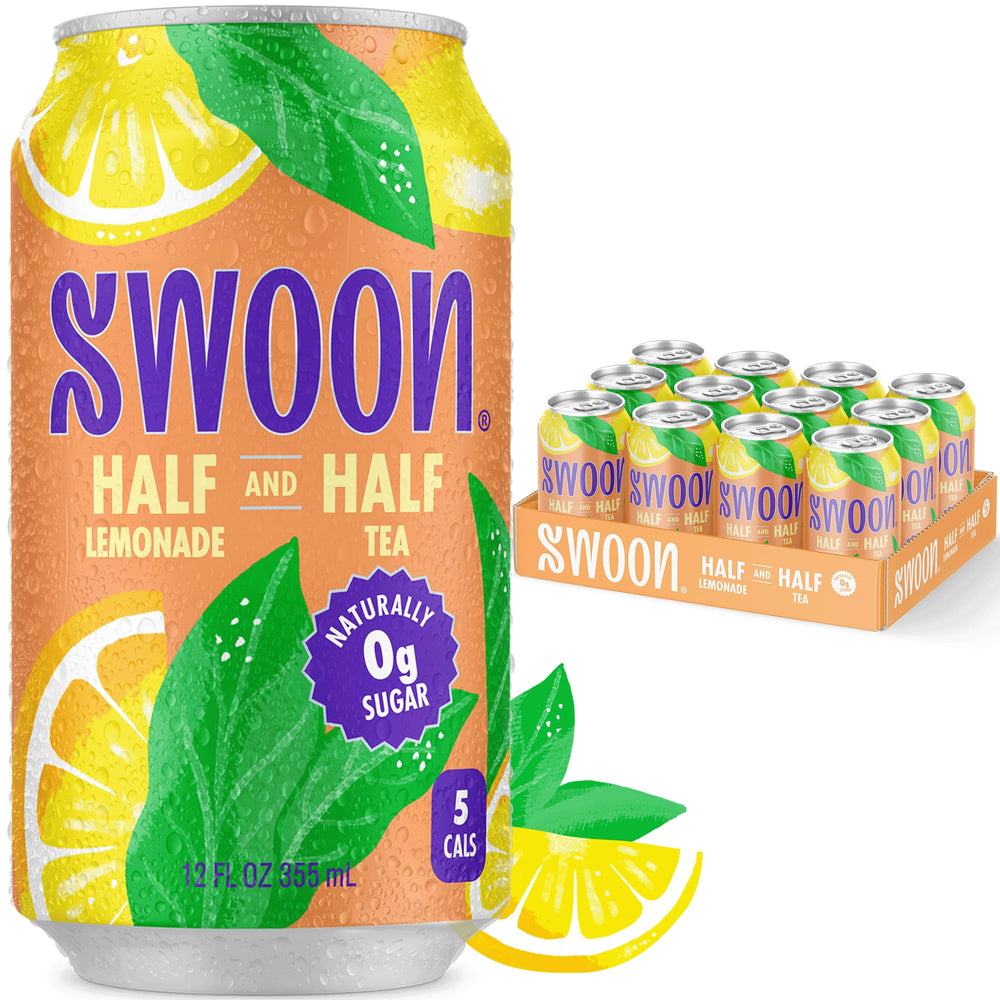 Swoon Half Unsweetened Iced Tea & Half Lemonade pack display highlights bold flavor with zero sugar.