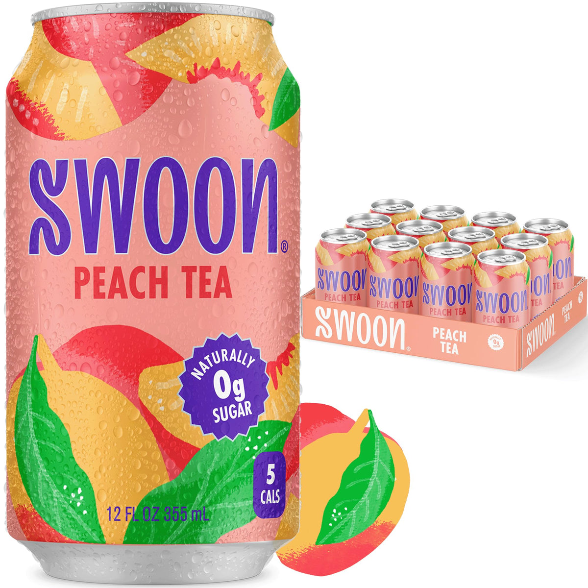 Swoon Peach Tea can close-up showing zero sugar refreshment