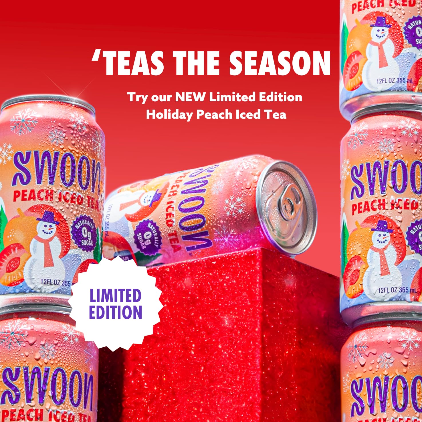 Swoon Peach Tea in an ice-cold glass with five calories per can