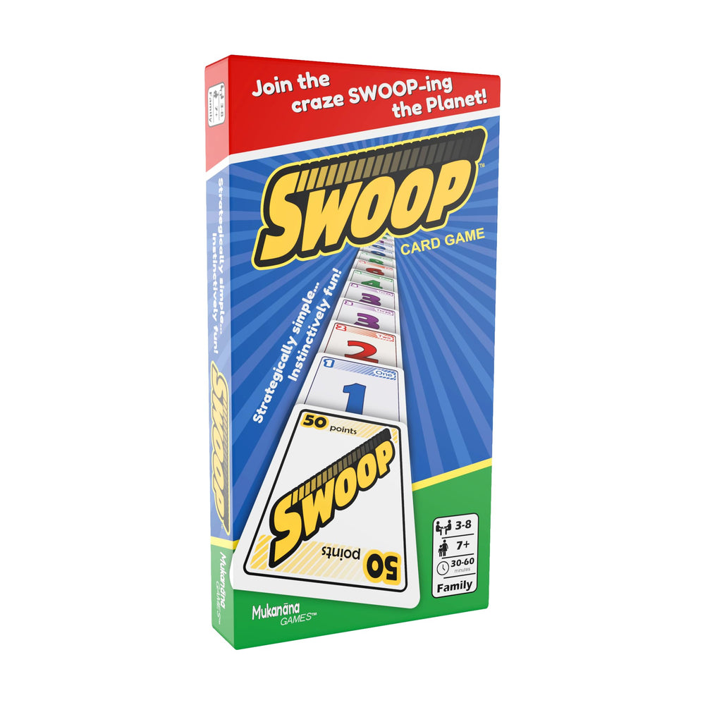 SWOOP card game packaging box for easy storage and travel.