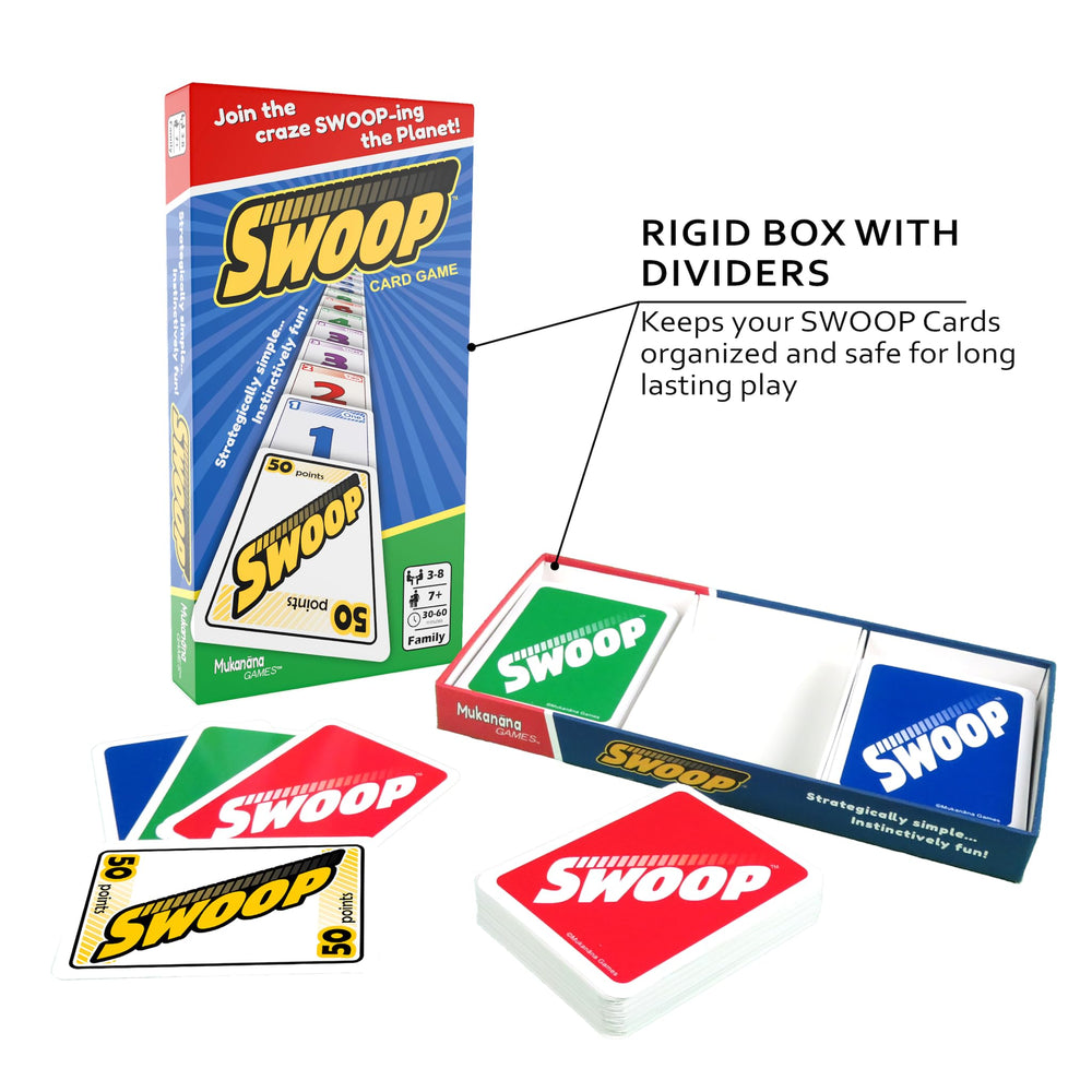 Rigid SWOOP box with dividers keeps cards organized for long-lasting play.
