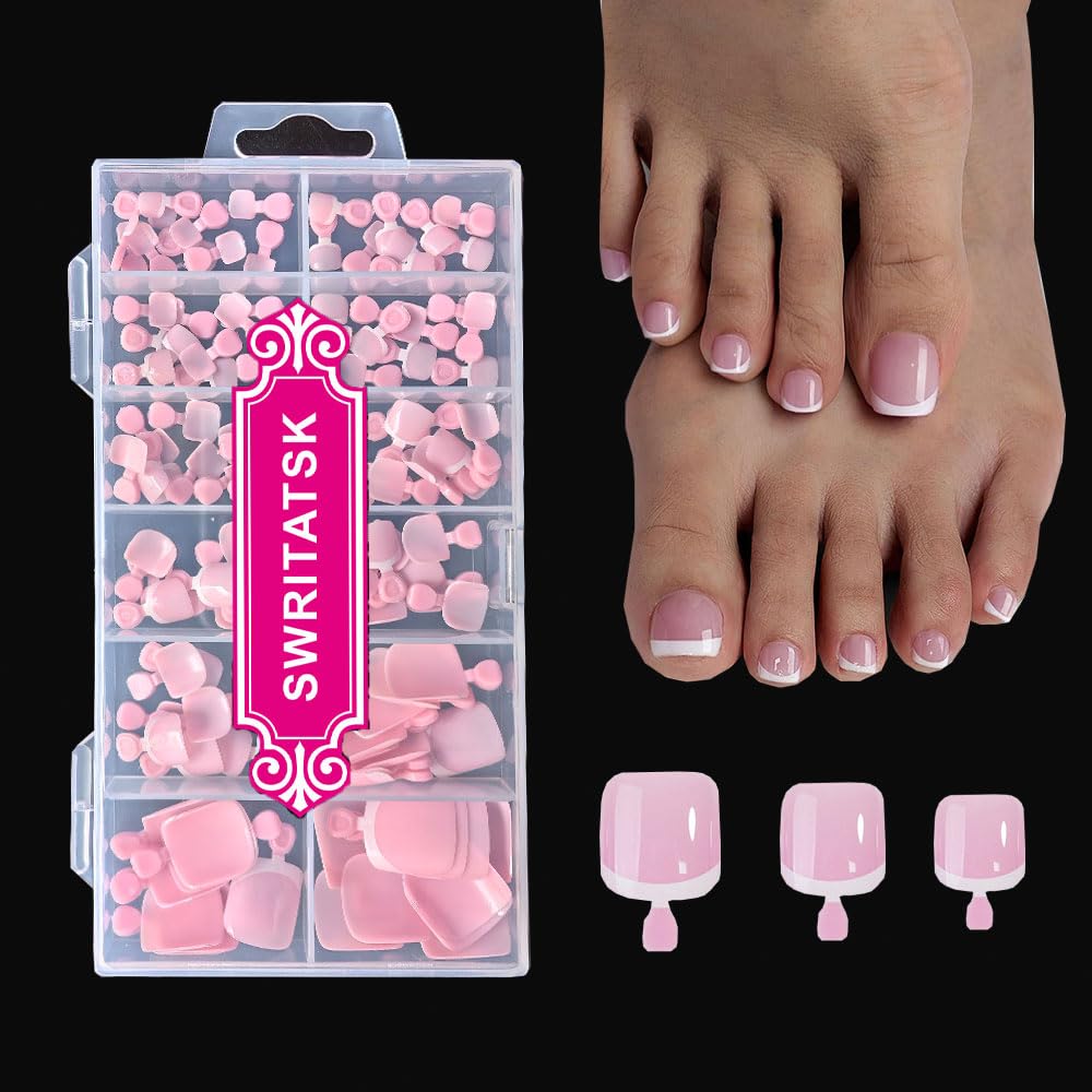 SWRITATSK toe nail tips with French tip design for natural salon-ready look