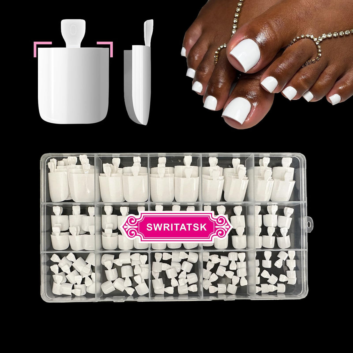SWRITATSK White Toe Nail Press-Ons 150pcs case for easy home pedicure and storage