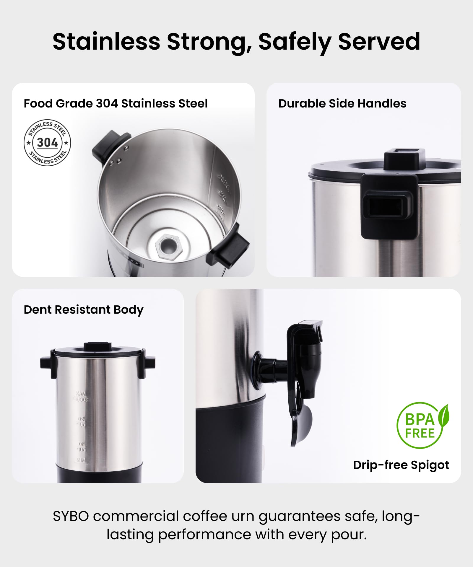 SYBO 6L coffee urn features cool-touch handles for safe handling