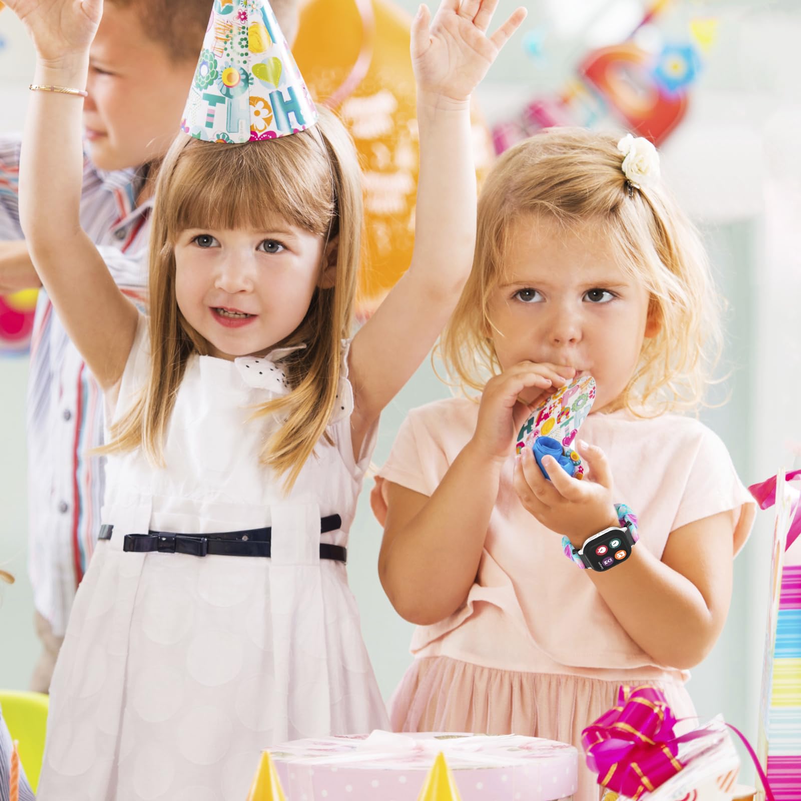 Sylacor pink-blue painting pattern scrunchie band brightens school outfits.