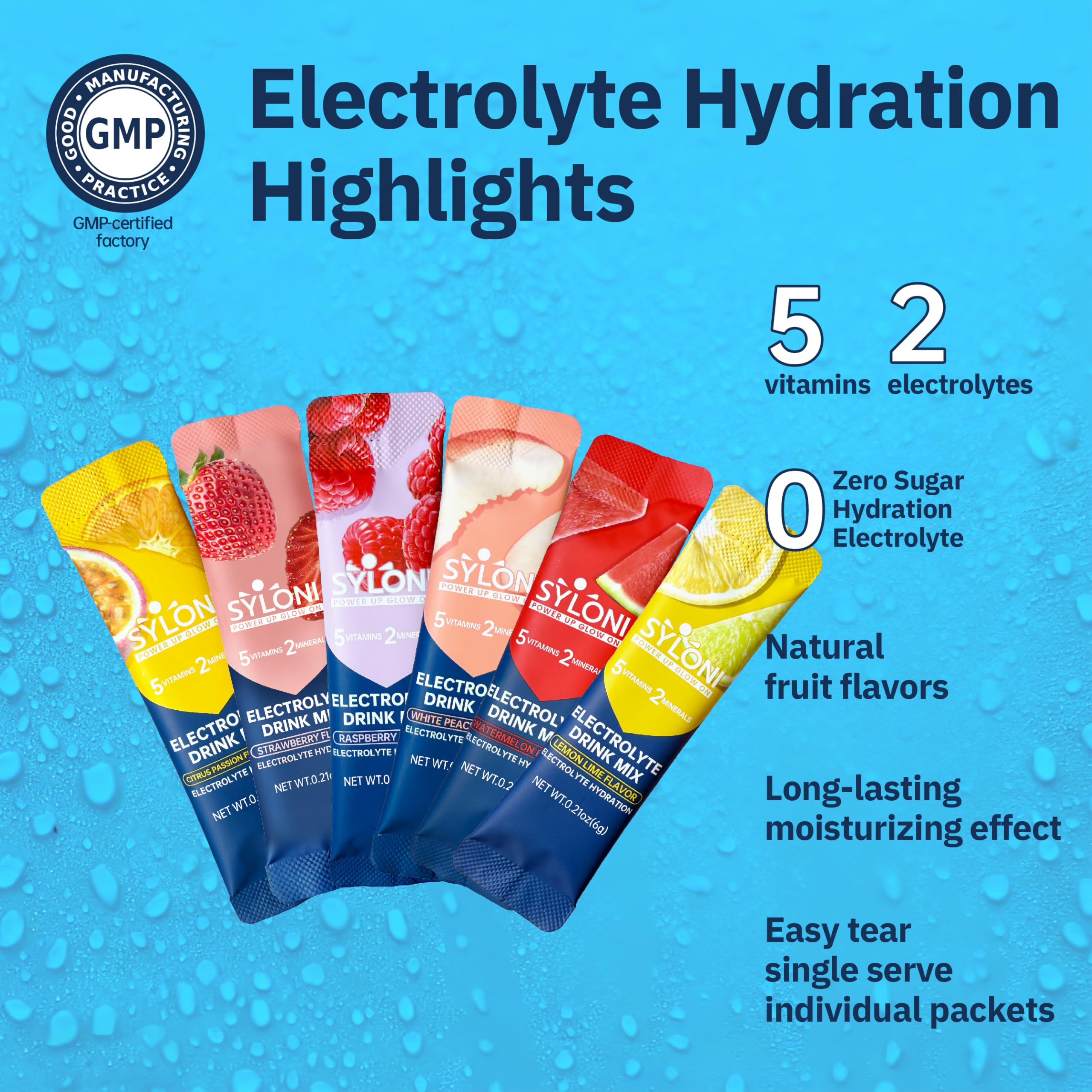 Syloni white peach stick emphasizing gluten-free electrolyte blend with natural sweetness