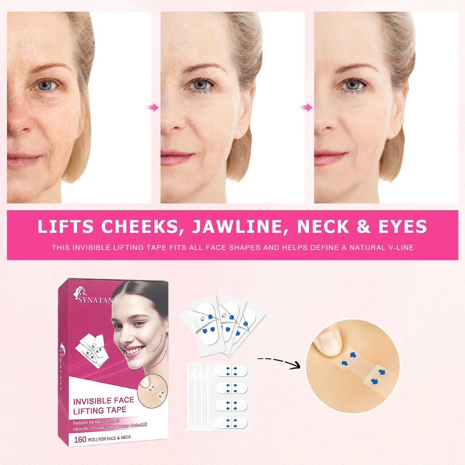 SYNATANA invisible tape under foundation demonstrates discreet lift on jawline.