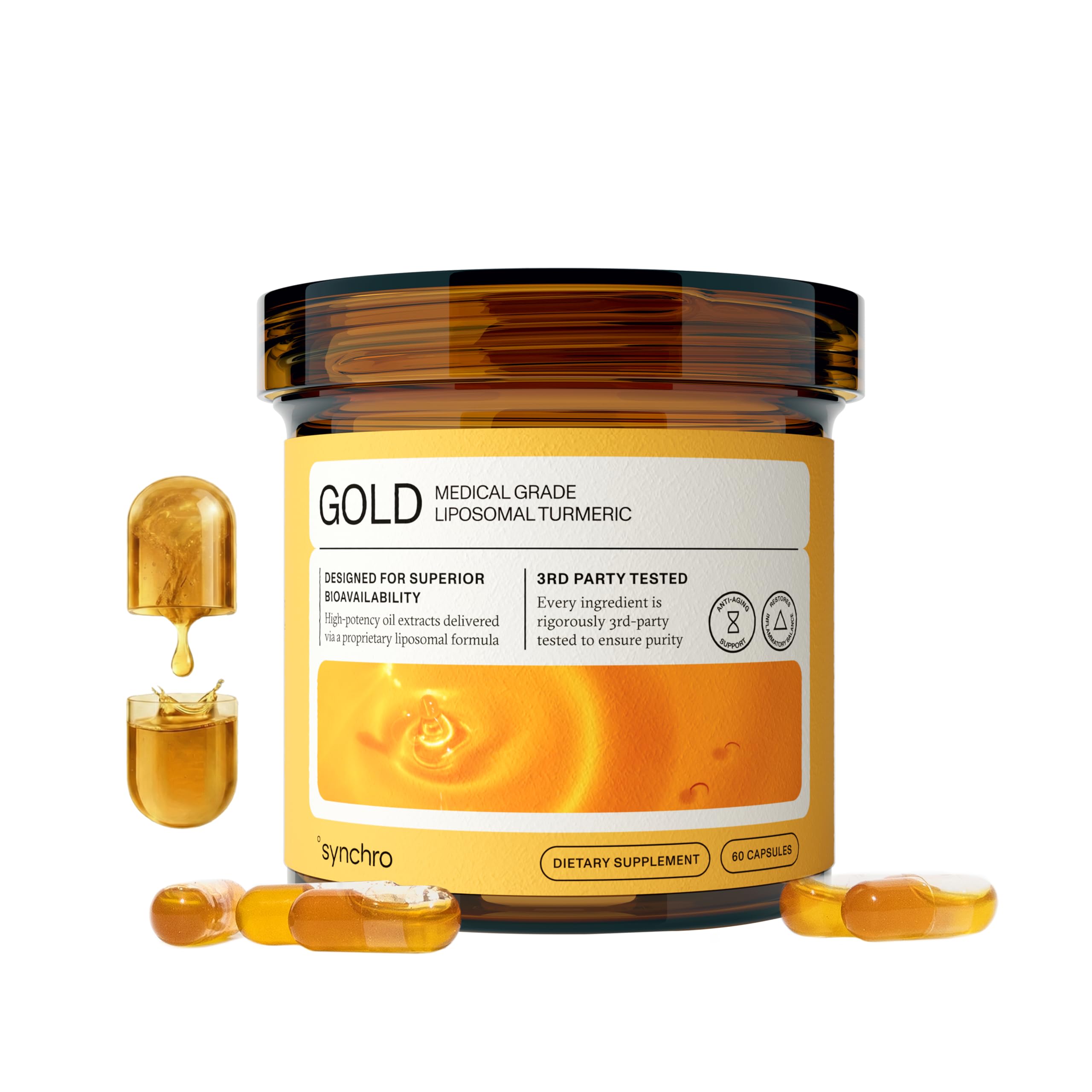 Synchro Gold bottle with capsules showing liposomal turmeric capsules for enhanced absorption.