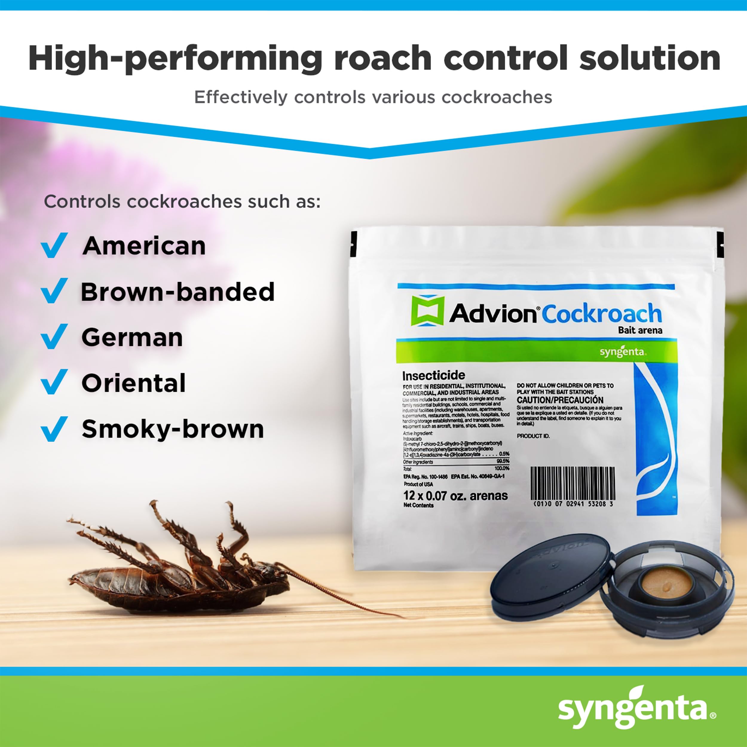 Close-up of Syngenta Advion Arena bait station with discreet white design for kitchen use.