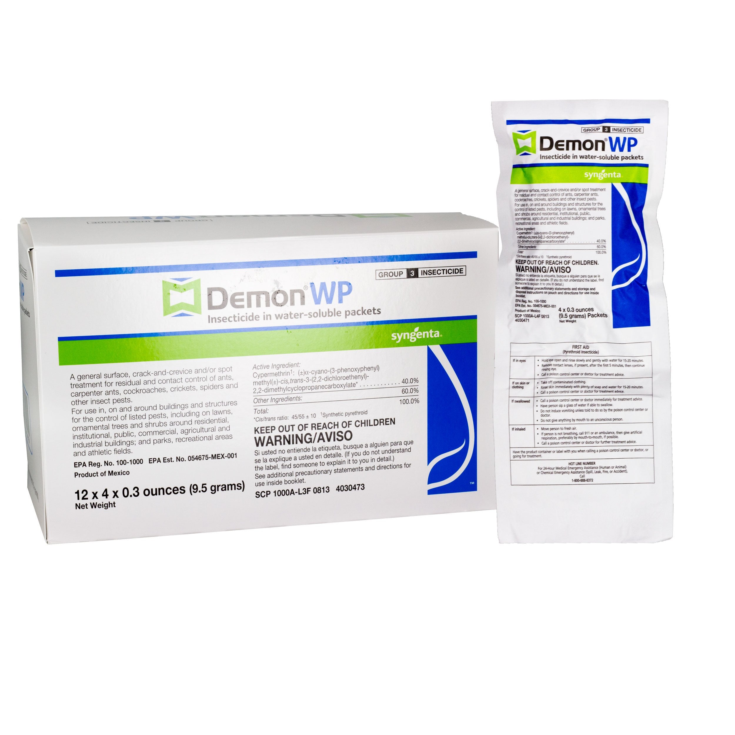 Syngenta Demon WP insecticide packets dissolve in water for easy, reliable application against common pests.