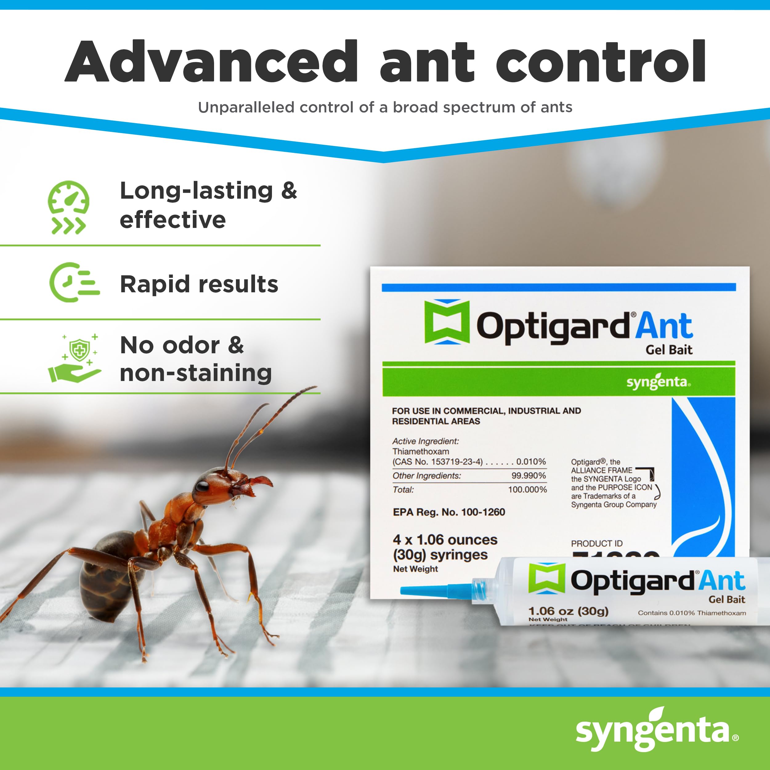 Close-up of Optigard Ant Gel Bait tube showing clear, odorless attractant.