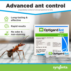 Close-up of Optigard Ant Gel Bait tube showing clear, odorless attractant.