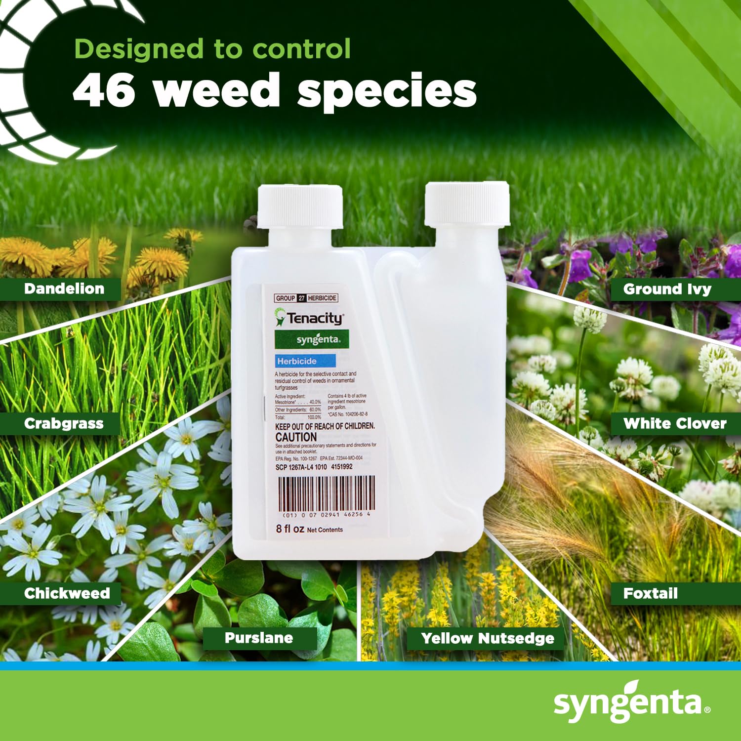 Syngenta Tenacity Turf bottle label closeup highlights Mesotrione 40% active ingredient.