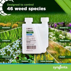 Syngenta Tenacity Turf bottle label closeup highlights Mesotrione 40% active ingredient.