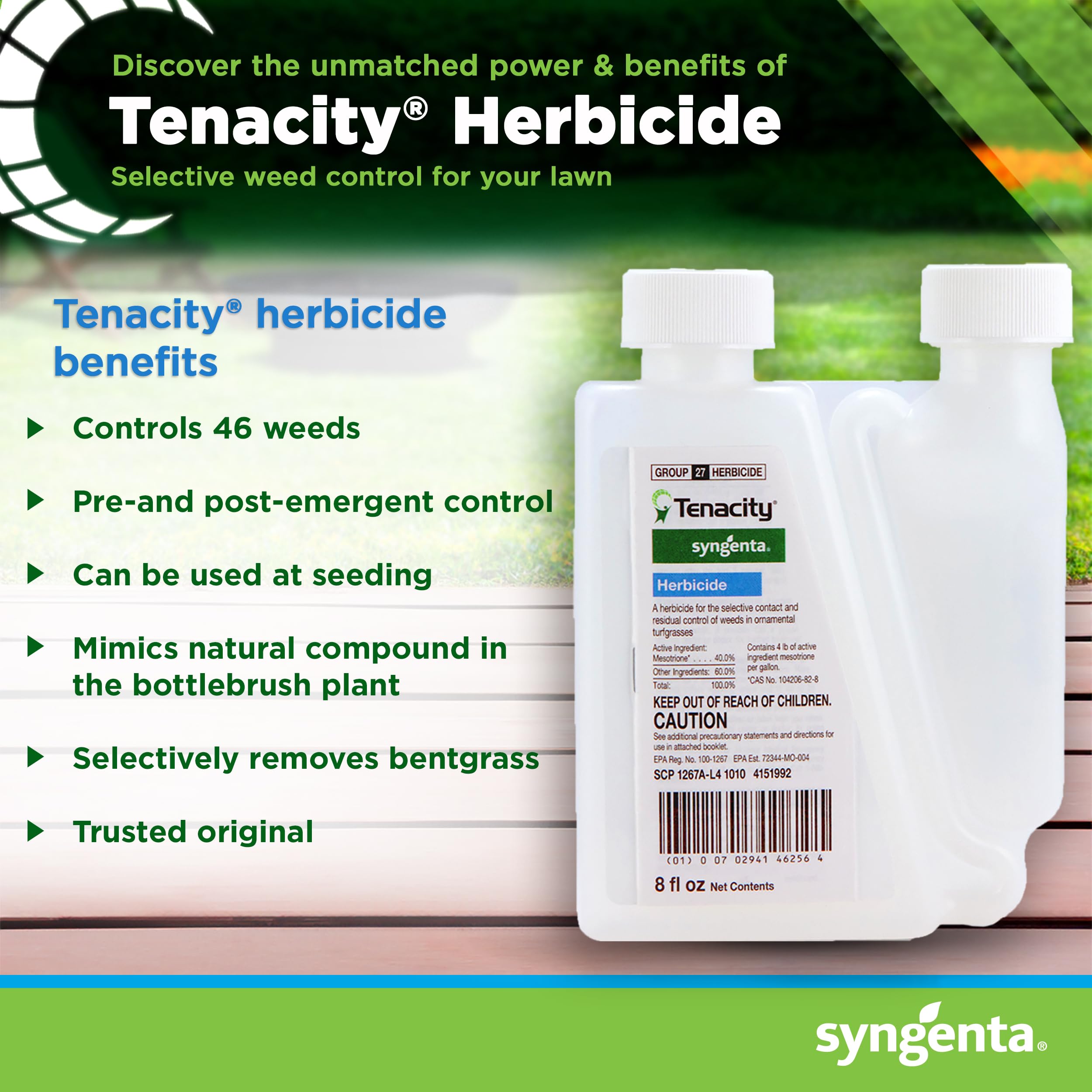 Syngenta Tenacity Turf weed-application image illustrates pre- and post-emergence actions.